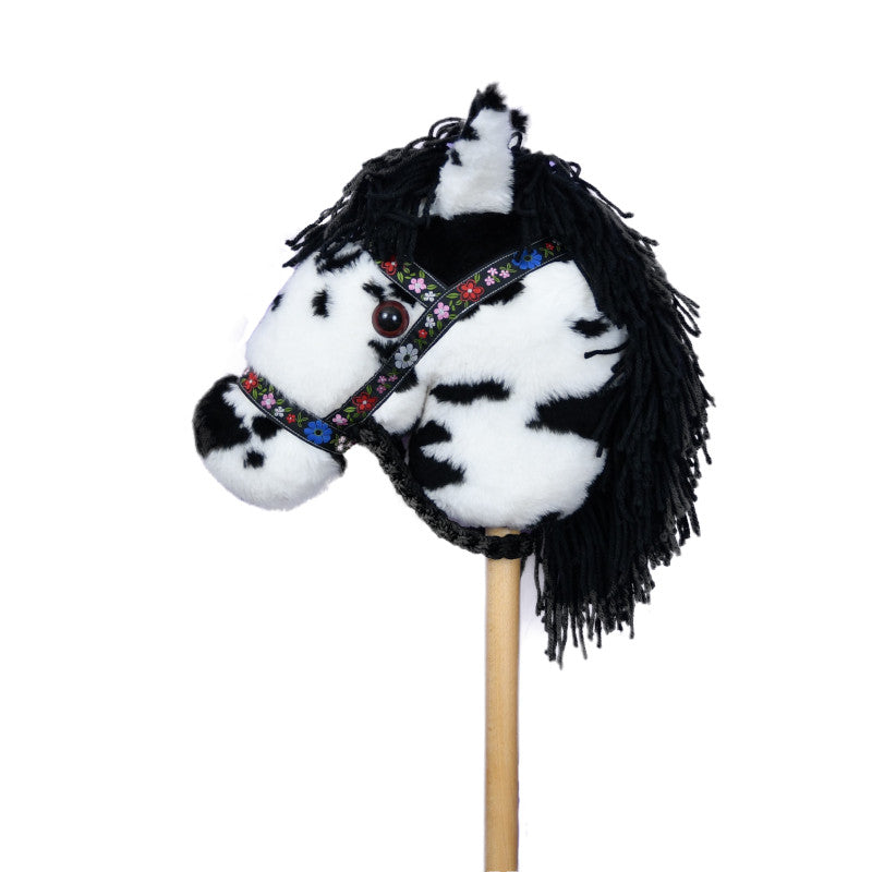Prairie Ponies - Black Paint Stick Horse with Black Floral Halter -Stick Pony- Hobby Horse