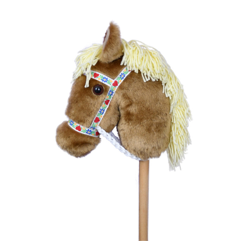 Prairie Ponies - Palomino Stick Horse with White Heart Folk Halter -Stick Pony- Hobby Horse