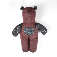 Load image into Gallery viewer, Berry Herringbone Wool with Cotton Floral Keepsake Teddy Bear Stuffed Animal

