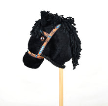 Load image into Gallery viewer, Prairie Ponies - Black Stick Horse with Orange and Teal Halter -Stick Pony- Hobby Horse
