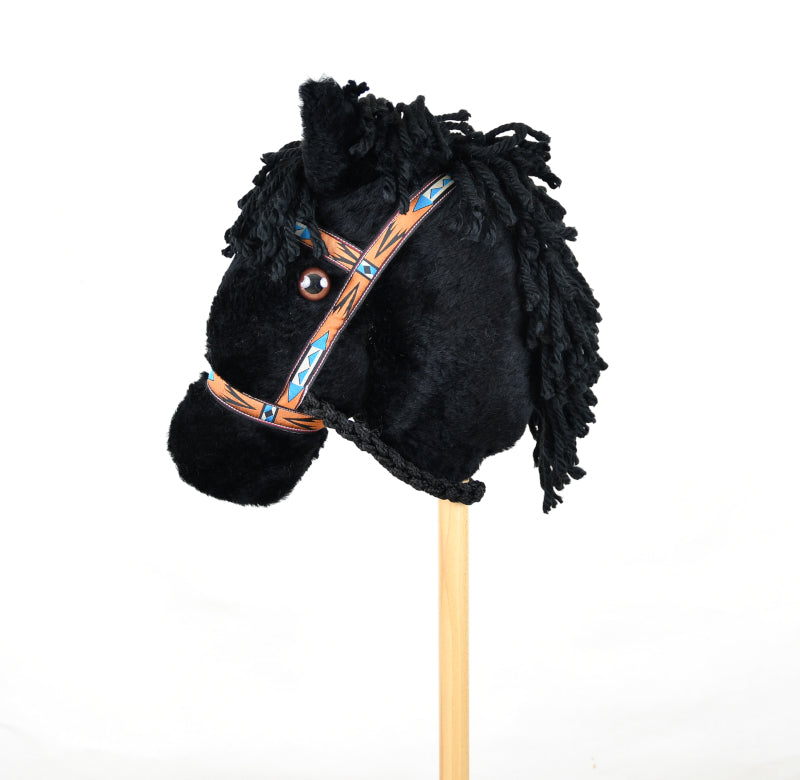 Prairie Ponies - Black Stick Horse with Orange and Teal Halter -Stick Pony- Hobby Horse