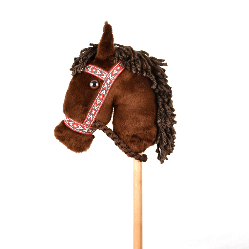 Prairie Ponies - Brown Stick Horse with Red and Tan Halter -Stick Pony- Hobby Horse