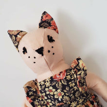 Load image into Gallery viewer, Felicity Cat Heirloom Doll Pink Linen Cat Doll in Vintage Floral Fabric Pinafore Dress with Embroidered Face Cloth Doll Art Doll Animal Doll
