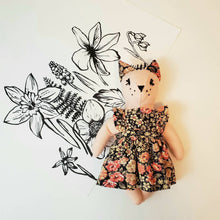 Load image into Gallery viewer, Felicity Cat Heirloom Doll Pink Linen Cat Doll in Vintage Floral Fabric Pinafore Dress with Embroidered Face Cloth Doll Art Doll Animal Doll

