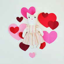 Load image into Gallery viewer, Eliza Cat Heirloom Doll - Linen Cat Doll in Vintage Fabric Pinafore Dress with Embroidered Face - Cloth Art Animal Doll
