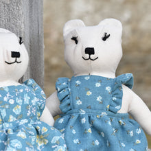 Load image into Gallery viewer, Maggie Bear Heirloom Doll White Linen Bear Doll in Vintage Blue Floral Fabric Pinafore Dress with Embroidered Face Cloth Doll Art Animal
