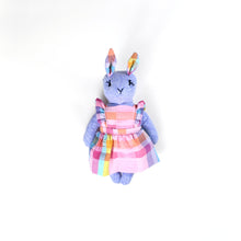 Load image into Gallery viewer, Lucy Bunny Heirloom Doll Purple Linen Rabbit Doll in Vintage Seersucker Fabric Pinafore Dress with Embroidered Face Cloth Doll Art Animal
